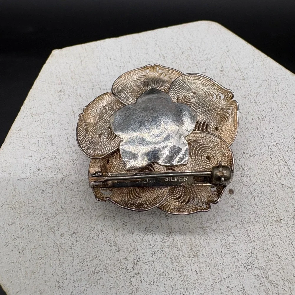Vintage 950 Silver Filigree Rose Brooch Women OS Silver Excellent Pearl Flower